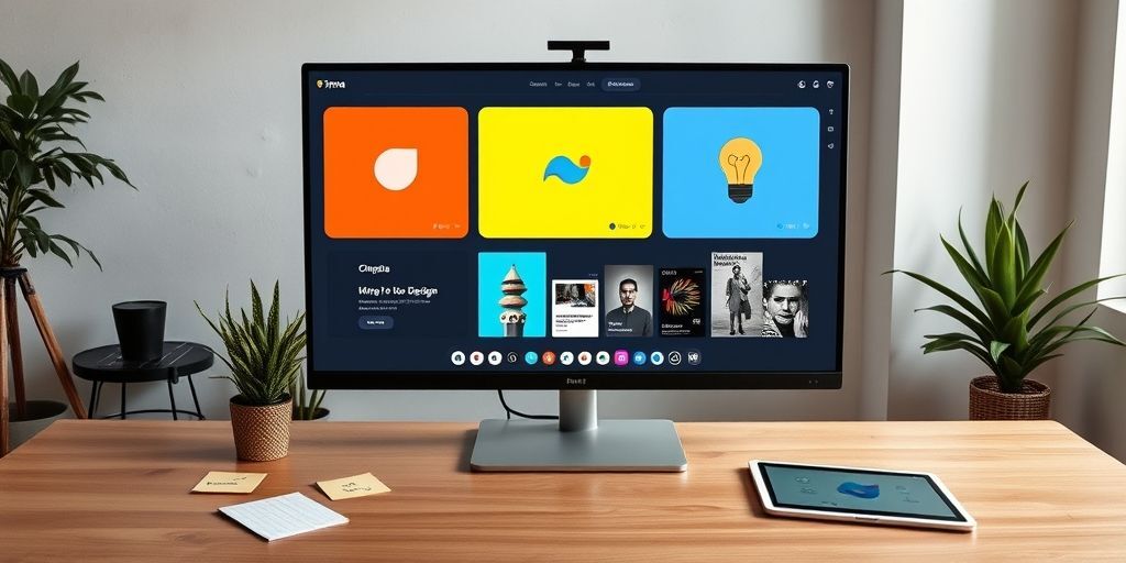 A modern design studio shot showing online design collaboration UI with Figma, Canva, and Photopea on a large monitor, alongside sticky notes and a tablet, emphasizing accessible, free tools for Iran-based designers.