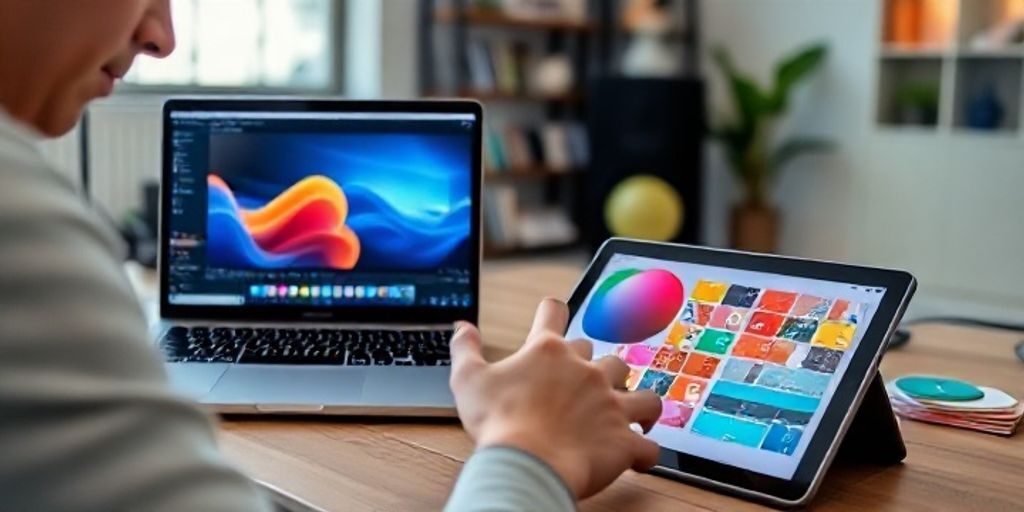 A close-up design studio image showing a designer using Blender on a laptop and Figma on a tablet, with a calm, creative workspace and color swatches.