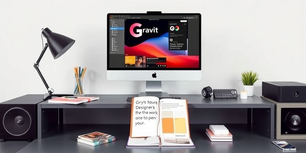 An inviting, minimal poster design desk with Gravit Designer on a screen, color swatches, and notebook highlighting open-source workflows, illustrating accessible design in a modern studio.
