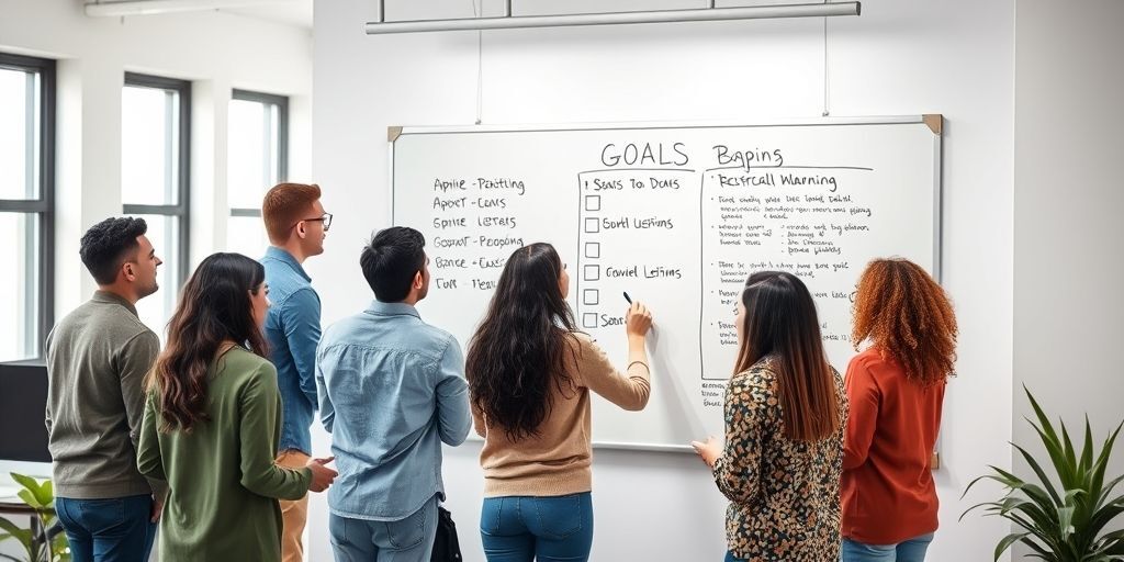 A diverse group of people planning goals on a whiteboard in a bright office, symbols of growth and purposeful action, vibrant colors, modern design.