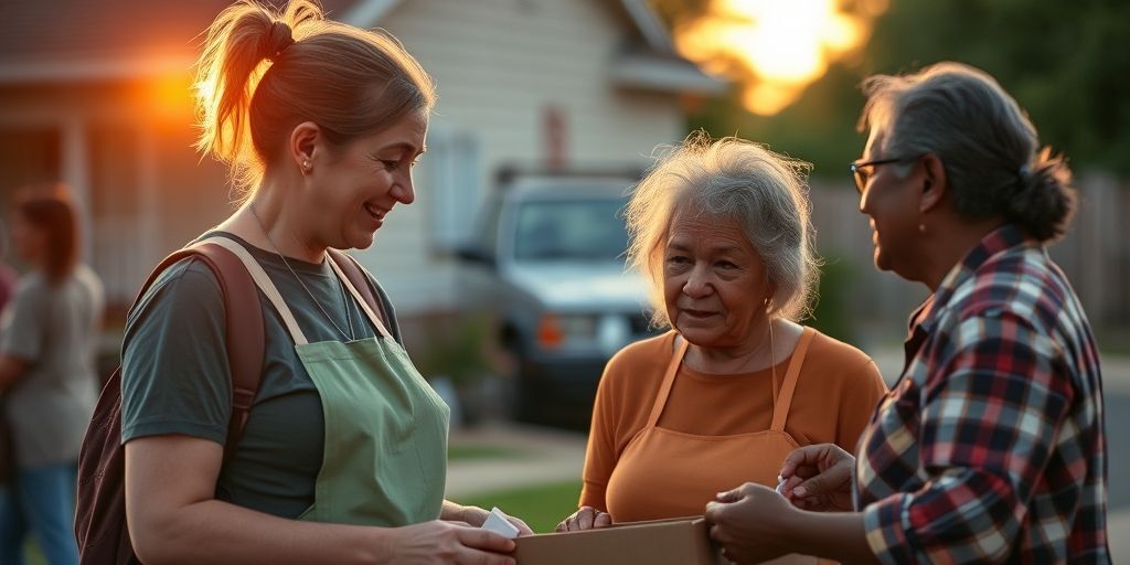 A volunteer helping a neighbor in a community setting, warm sunset light, sense of connection and shared purpose.