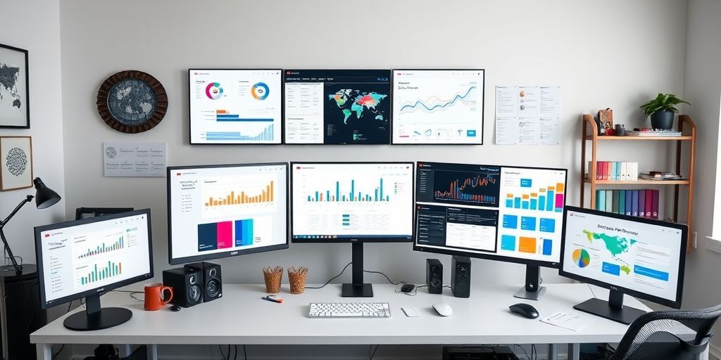 A clean, organized workspace with multiple screens displaying design prototypes, data dashboards, and color palettes, emphasizing a scalable workflow for infographic projects.