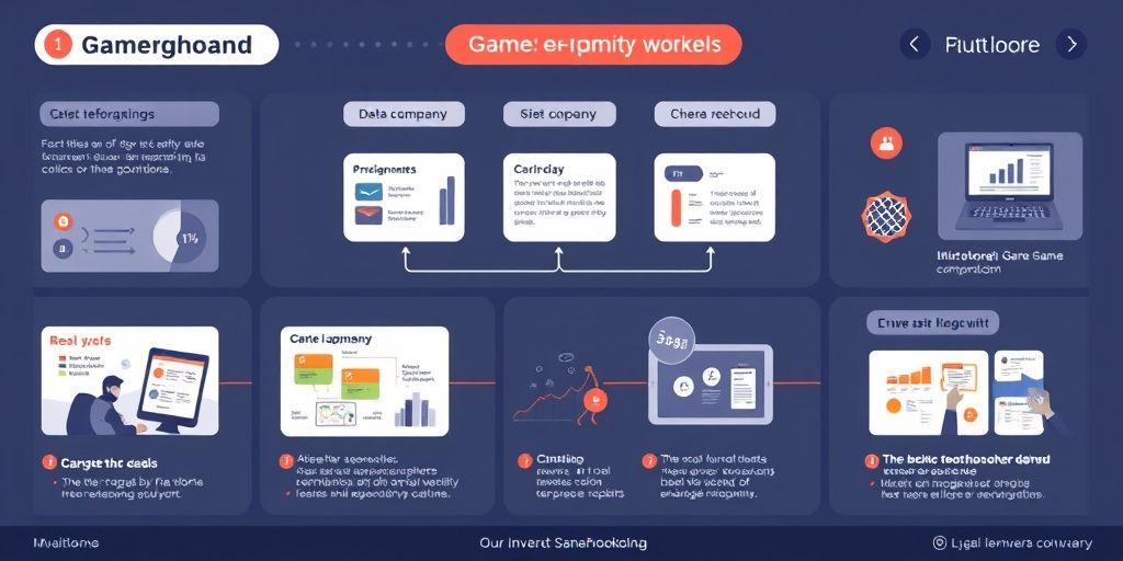 A polished infographic storyboard showing a game company workflow with data-driven visuals, brand colors, and clear callouts, ready for investor pitches.