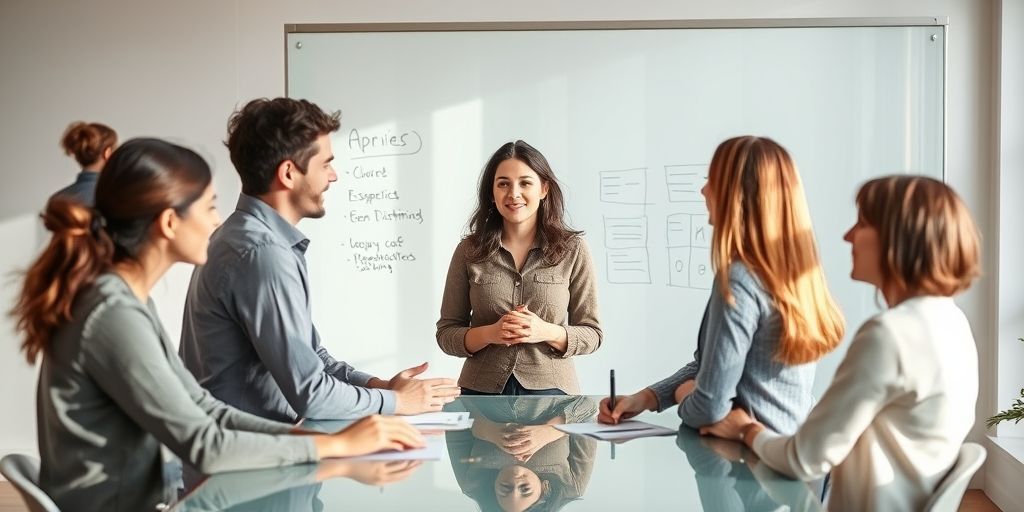 A collaborative team meeting around a glass whiteboard, showing open dialogue, respectful listening, and shared decision-making, with soft natural light and a balanced color palette.