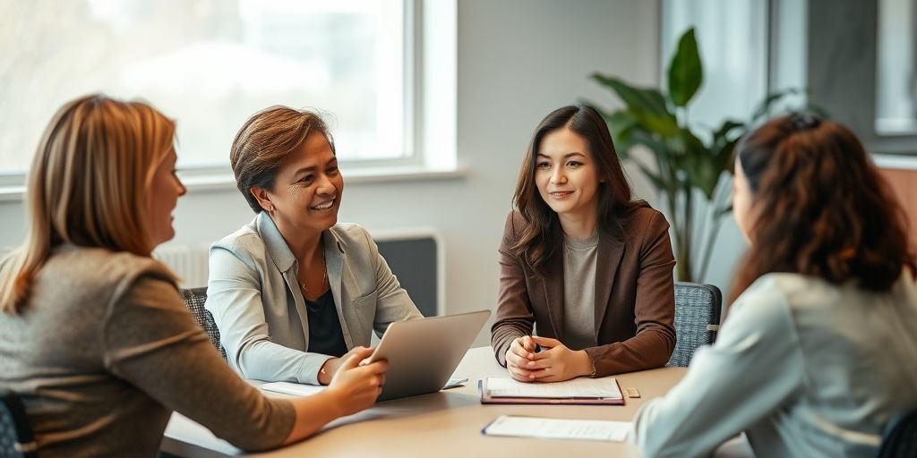A thoughtful manager providing feedback one-on-one, emphasizing empathy, clarity, and accountability in a calm office setting with subtle textures and a modern aesthetic.