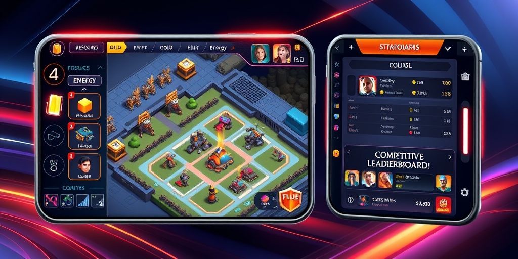 A detailed digital illustration of a strategic mobile game interface, showing resource management, troop deployment, and a competitive leaderboard, set against a sleek game design background.