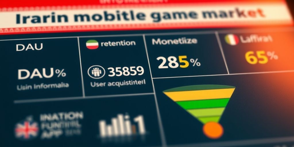 Close-up infographic panel showing key metrics for the Iranian mobile game market, including DAU, ARPU, retention, monetization, and user acquisition funnel, with clean icons, modern typography, and warm lighting.