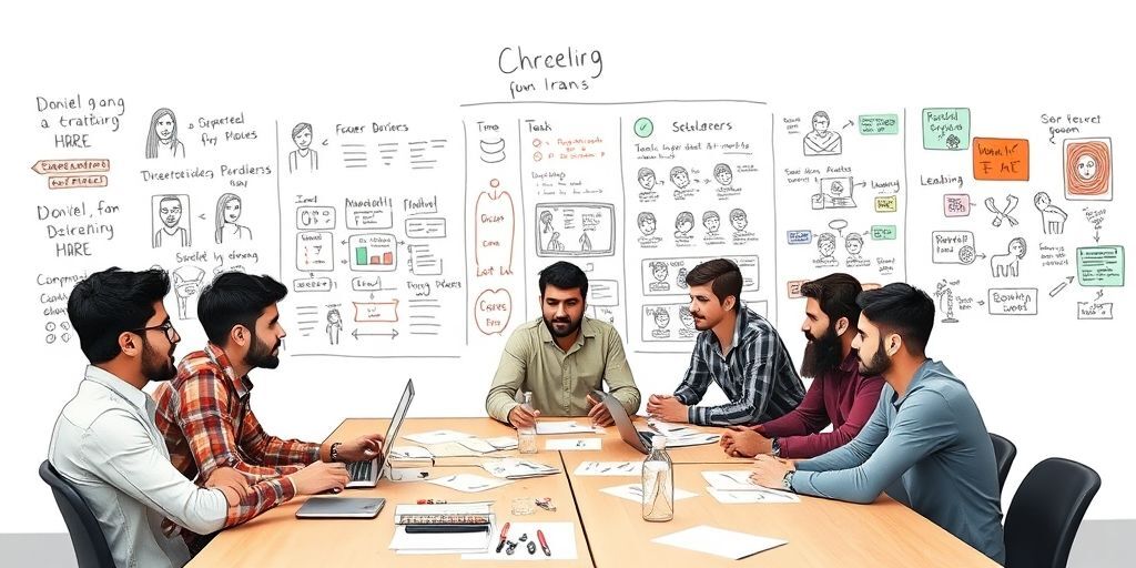 A creative layout of a developer team crafting a successful mobile game strategy in Iran, with wall charts, personas, and collaborative sketches, conveying teamwork, strategy iteration, and data-driven decision-making.