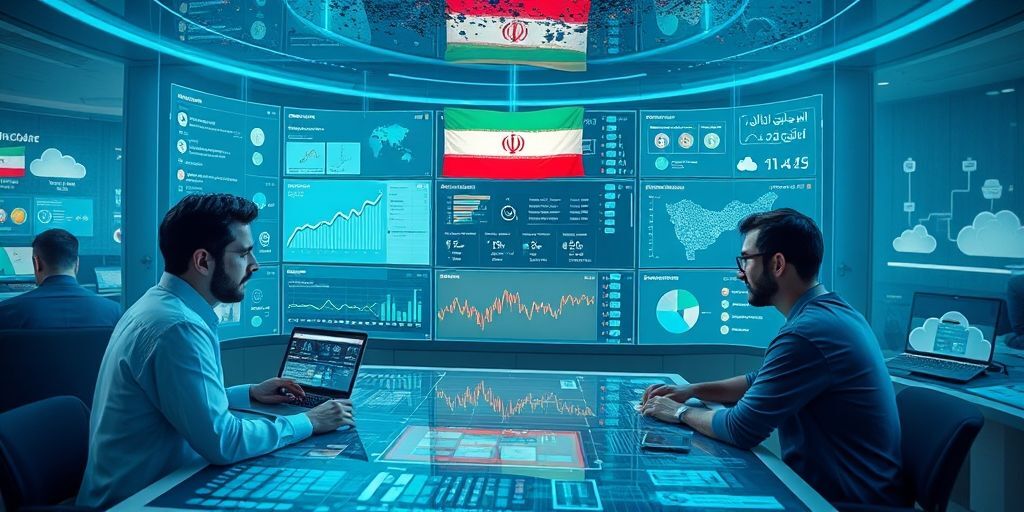 An immersive scene showing researchers, software developers, and students collaborating over a holographic dashboard, screens in Persian, data pipelines, and cloud icons, illustrating open data and innovation culture in Iranian tech labs.