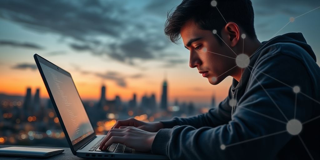A close-up scene of a student coding on a laptop with a city skyline at dusk and a network overlay, representing future talent development and digital education in Iran.