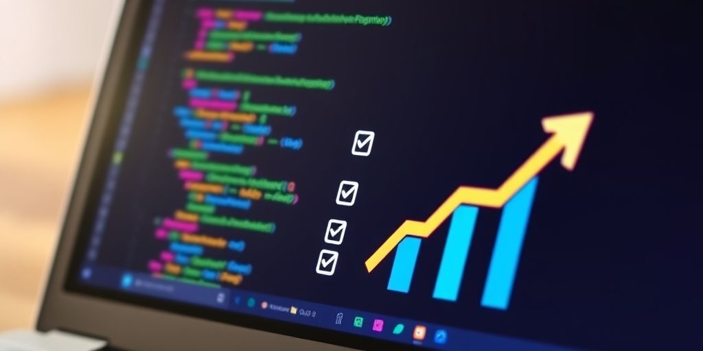 A close-up of a laptop screen showing code blocks, a checklist, and growth arrows, symbolizing a beginner’s successful project journey.