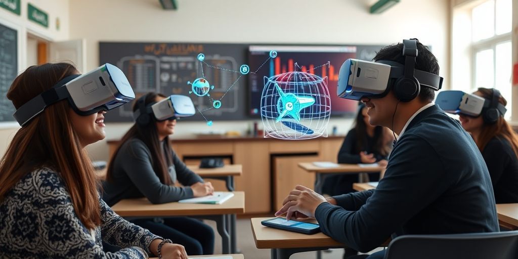 An immersive AR/VR learning scene in a Persian-language classroom, students wearing headsets, interactive holograms showcasing mathematical concepts, bright visuals and a sense of exploration.