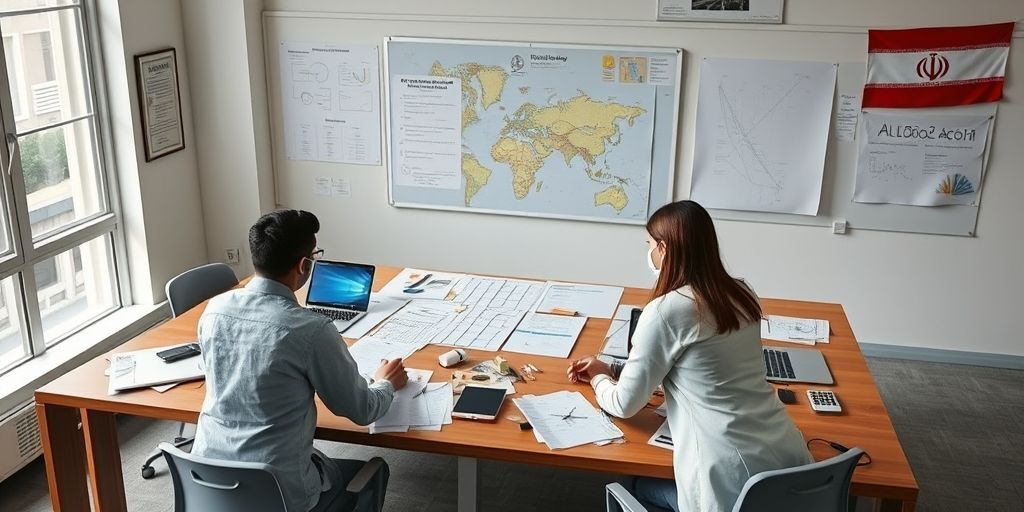 A professional teacher planning a blended curriculum on a large desk with laptops, notes, and charts, illustrating strategic thinking for the future of virtual education in Iran.