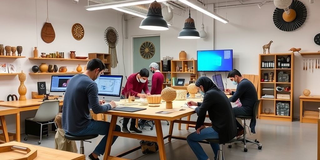 A modern Iranian workshop where local designers prototype and test ideas, blending traditional motifs with contemporary tools, in a bright studio with CAD screens and hands-on prototyping, reflecting a unique national innovation culture.