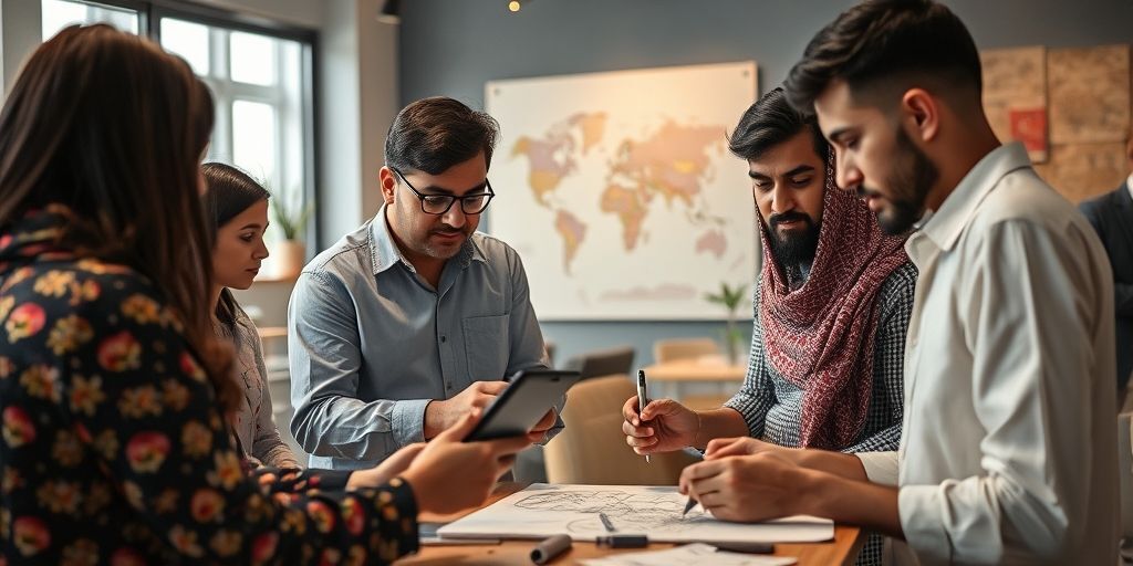 An inter-cultural collaboration scene: global experts and Iranian designers co-creating, exchanging sketches on tablets and paper, with a backdrop of both modern and traditional design elements blending in harmony.